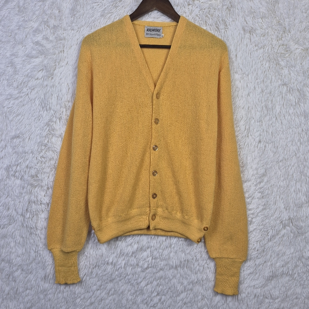 Vintage‎ Kalmore 100% Alpaca Mens M Yellow Orange Cardigan Preppy Old Money